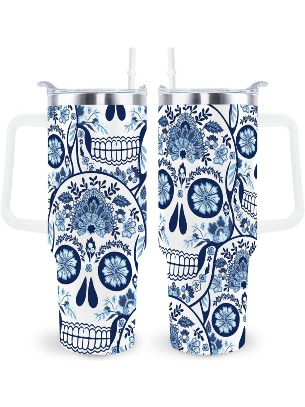 Gothic Sugar Skull Tumbler 40oz | Halloween Travel Mug with Handle & Straw